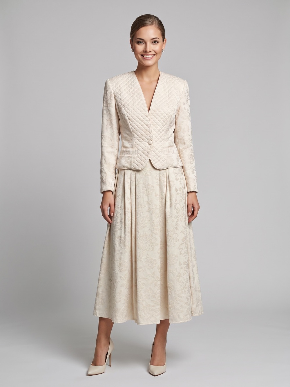 🌻Vintage Scott McClintock Skirt Suit Ivory Floral Jacquard 80s Gunne Sax Size XS